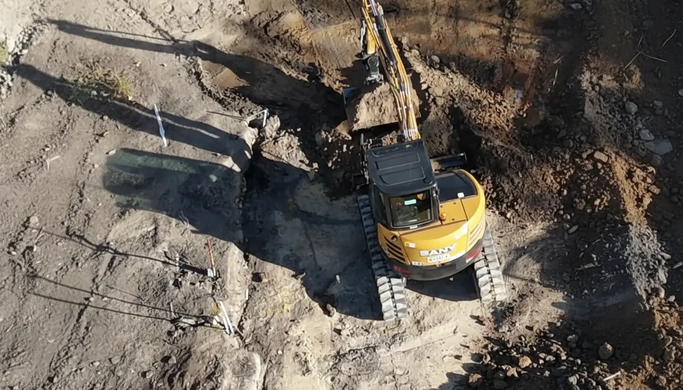 SANY excavator performing earthworks on a construction site in Brisbane - aerial drone shot